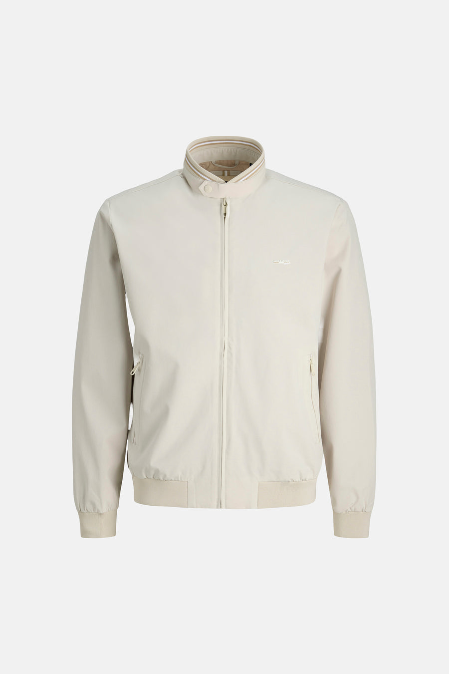 Beige korte jas van PREMIUM by JACK & JONES met gestreepte opstaande kraag, ritssluiting, ribboorden en twee ritszakken.