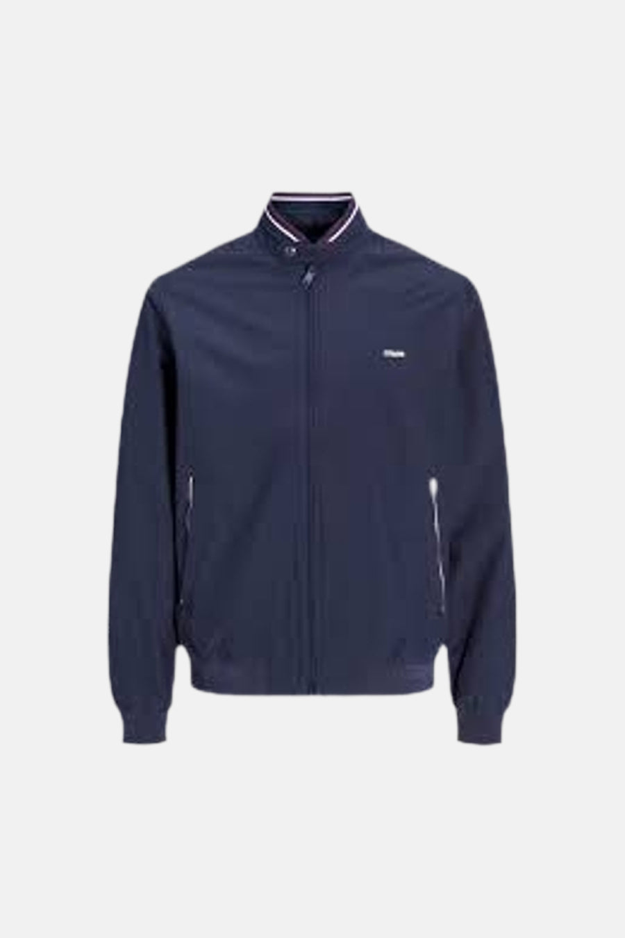 Veste courte bleu marine de PREMIUM by JACK & JONES avec col montant rayé, fermeture à glissière et un petit logo blanc sur la poitrine.