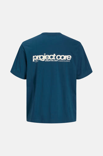 T-shirt bleu à manches courtes de CORE BY JACK & JONES, avec une impression de texte blanche sur le dos.