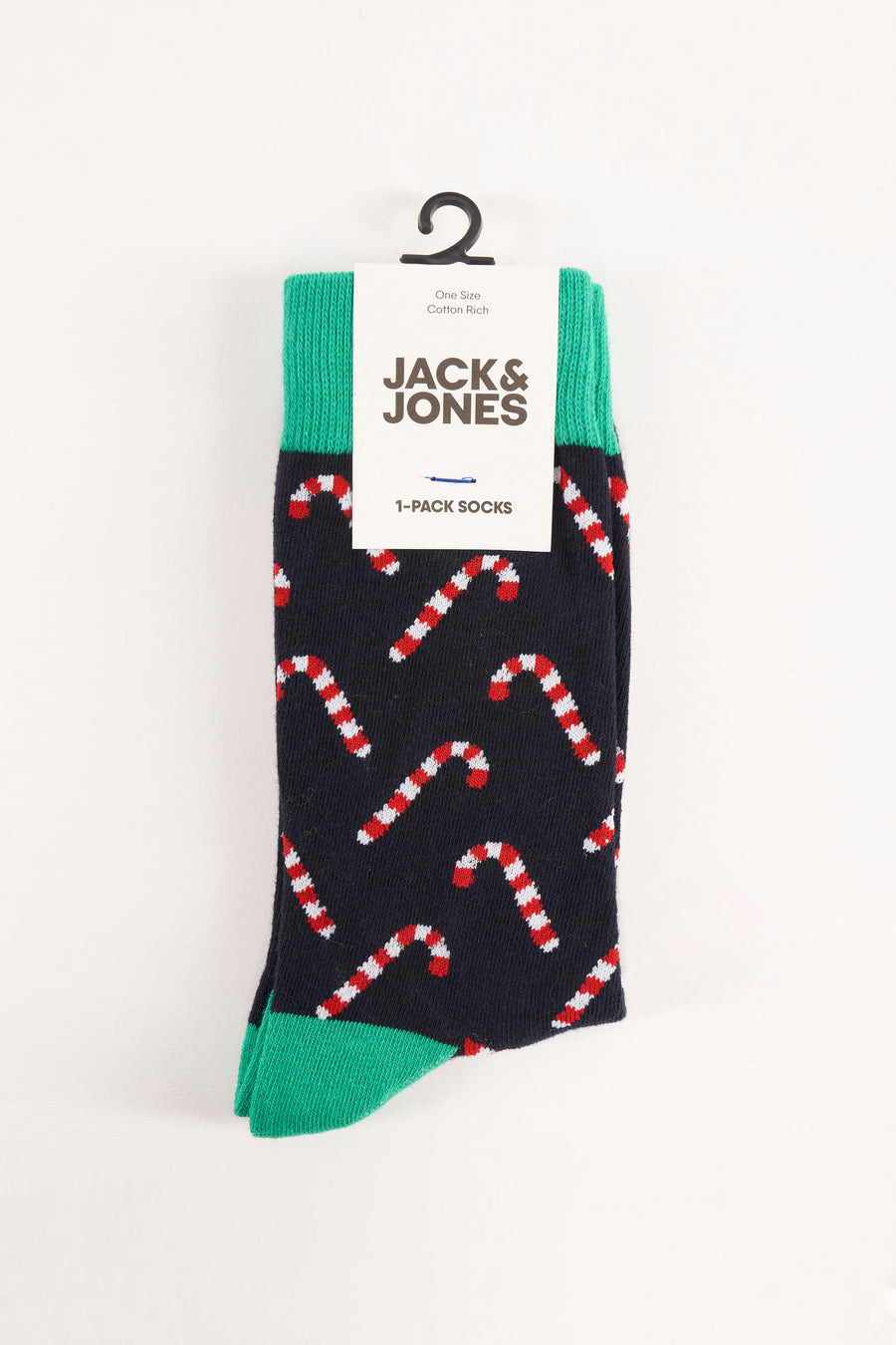 Zwarte sokken van ACCESSORIES BY JACK & JONES, met een kerststokpatroon en groene details aan de boord en teen.