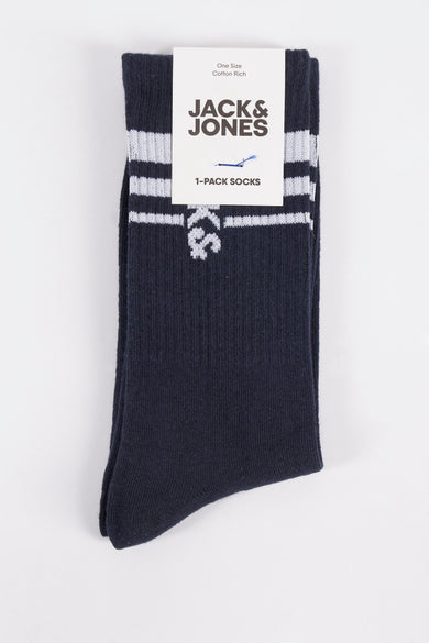 Chaussettes de tennis bleues d'ACCESSORIES BY JACK & JONES, avec le texte 'Since ©1990' vertical.