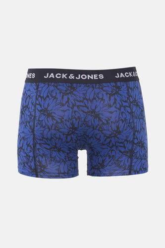 Blauwe boxershort van ACCESSORIES BY JACK & JONES, met zwarte bloemenprint over het gehele oppervlak.