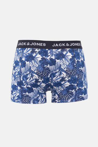 Blauwe boxershort van ACCESSORIES BY JACK & JONES, met een wit en blauw bloemenpatroon.