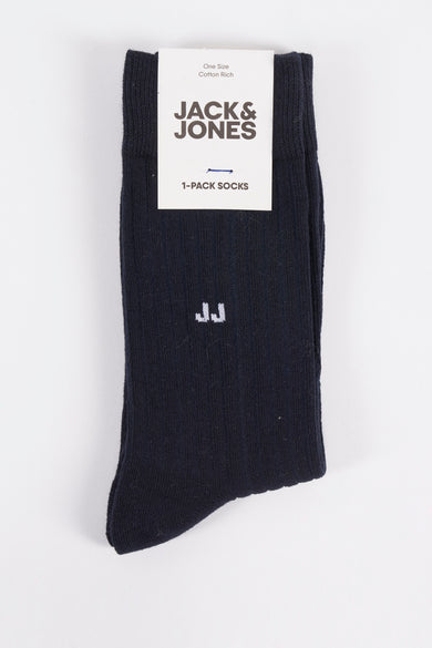 Chaussettes bleues foncées d'ACCESSORIES BY JACK & JONES, avec le nom de marque blanc sur la tige.