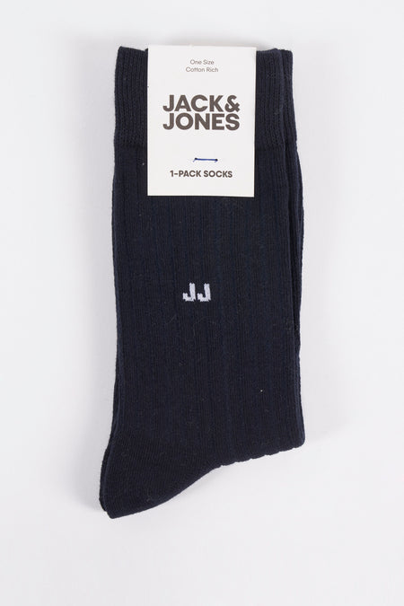 Chaussettes bleues foncées d'ACCESSORIES BY JACK & JONES, avec le nom de marque blanc sur la tige.