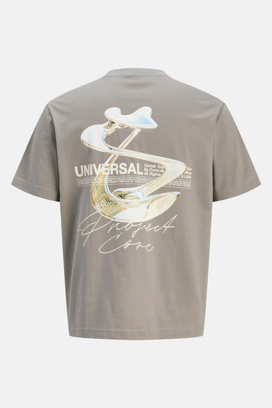 T-shirt gris à manches courtes de CORE par JACK & JONES, avec une impression graphique abstraite sur le dos.