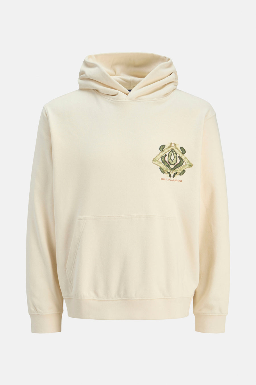 Crèmekleurige hoodie met geborduurde details en capuchon.