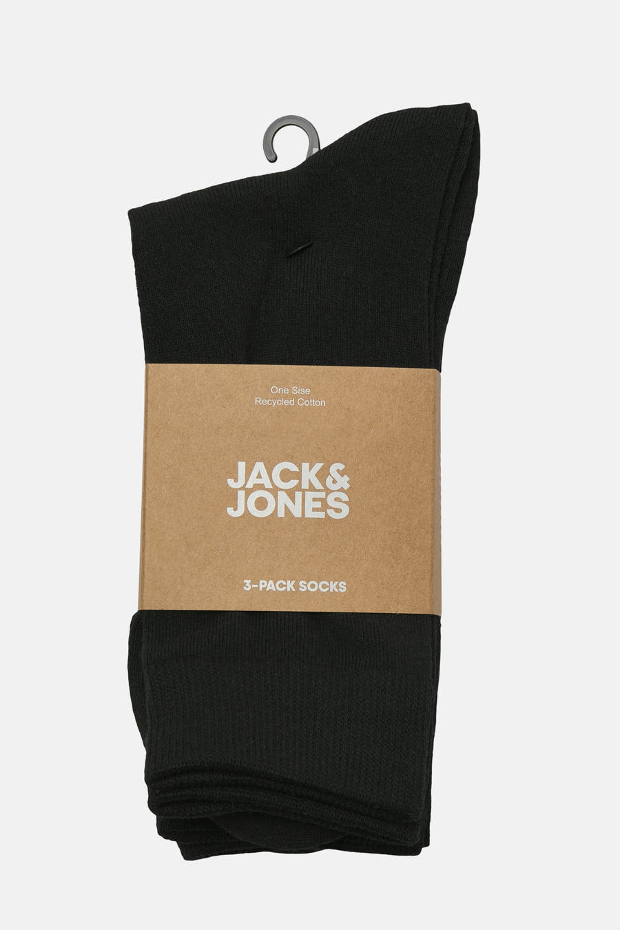 Chaussettes noires d'ACCESSORIES BY JACK & JONES, emballées avec une ficelle de papier, sur un fond blanc.