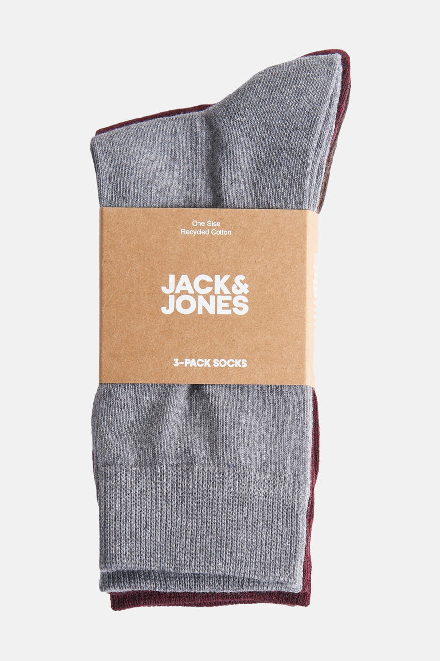 Chaussettes grises (multipack) d'ACCESSORIES BY JACK & JONES, emballées avec une bande de papier brun.