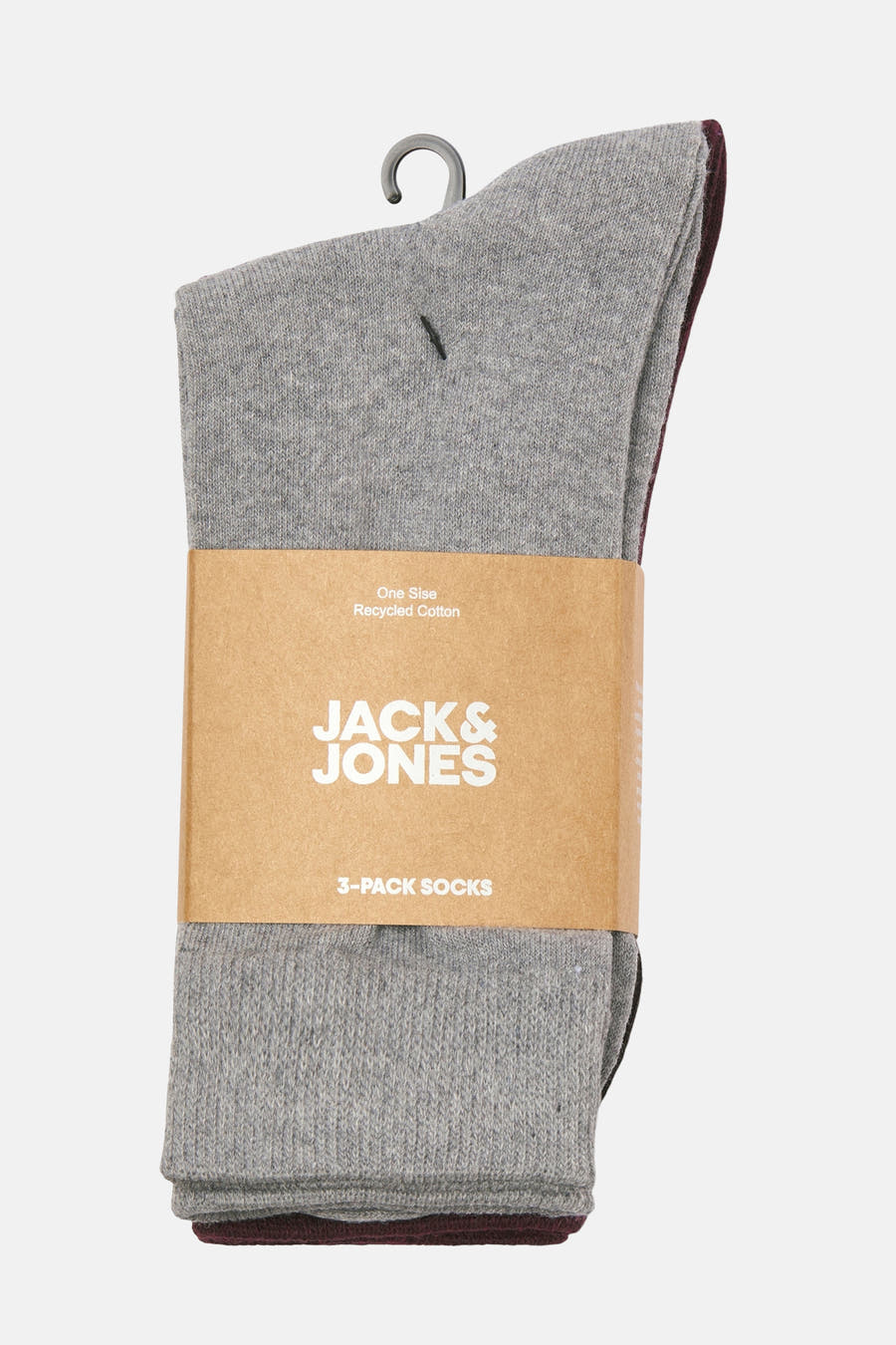 Chaussettes grises en coton recyclé d'ACCESSORIES BY JACK & JONES, emballées avec une ficelle de papier brun.