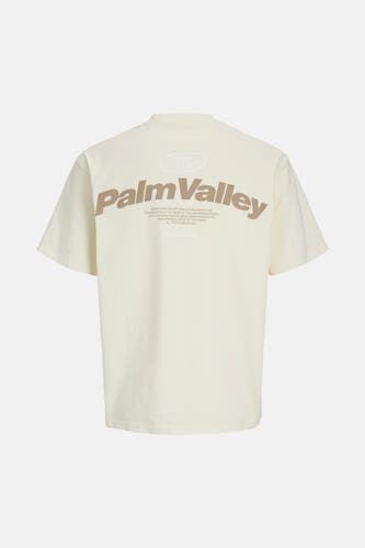 Ecru T-shirt met korte mouwen van CORE BY JACK & JONES, met opdruk van "Palm Valley" op de rug.
