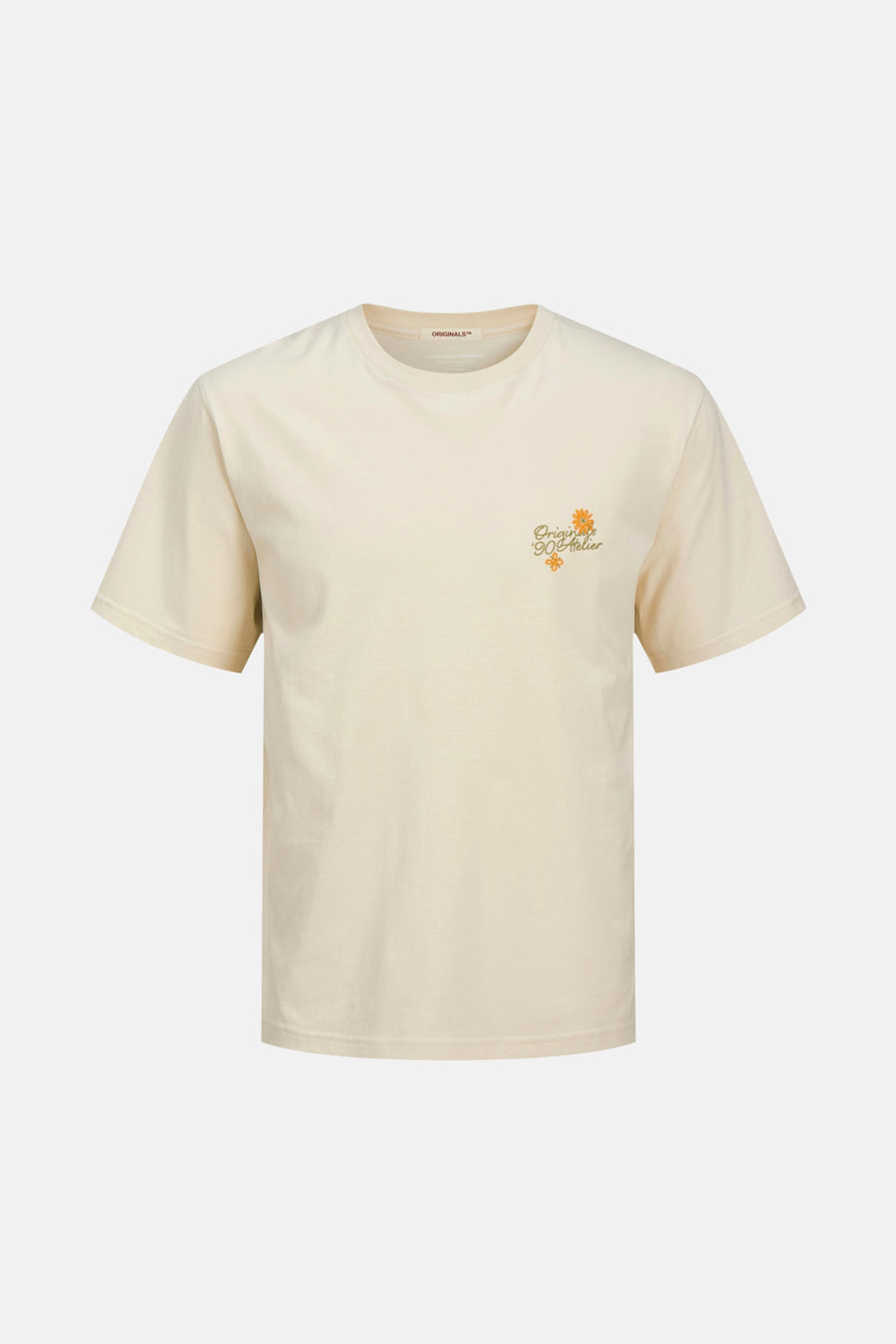 Ivoorwit T-shirt met korte mouwen en oranje bloemendetail.