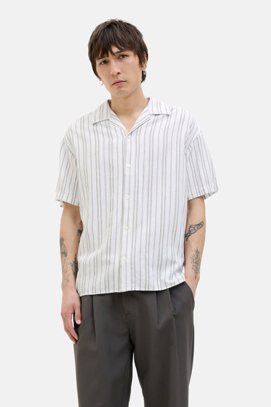 Chemise rayée blanche et bleue à manches courtes de PREMIUM BLUE par JACK & JONES, avec col ouvert et pantalon gris.