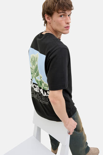 T-shirt noir à manches courtes d'ORIGINALS BY JACK & JONES, avec un imprimé cactus sur le dos.