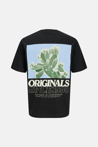 T-shirt noir à manches courtes d'ORIGINALS BY JACK & JONES, avec imprimé de cactus et texte sur le dos.