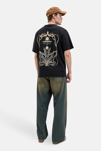 T-shirt noir à manches courtes d'ORIGINALS BY JACK & JONES, avec une impression botanique sur le dos.