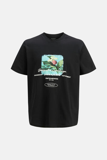 T-shirt noir à manches courtes d'ORIGINALS BY JACK & JONES, avec imprimé de fleurs et détails textuels.