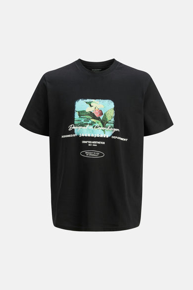 T-shirt noir à manches courtes d'ORIGINALS BY JACK & JONES, avec imprimé de fleurs et détails textuels.