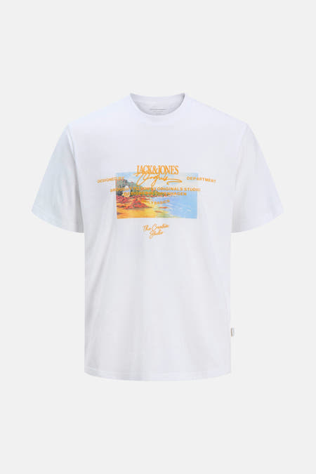 T-shirt blanc à manches courtes d'ORIGINALS BY JACK & JONES, avec une impression graphique sur la partie avant.