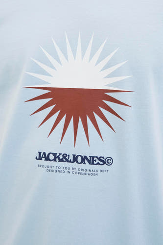 T-shirt bleu à manches courtes d'ORIGINALS BY JACK & JONES, avec une impression graphique d'un soleil.
