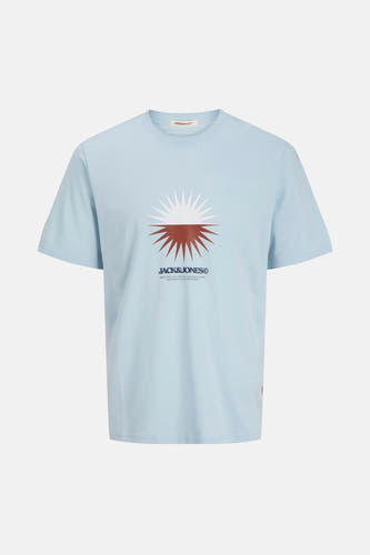 T-shirt bleu à manches courtes d'ORIGINALS par JACK & JONES, avec une impression graphique d'un soleil.