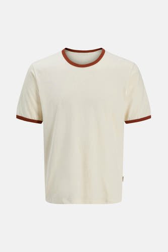 T-shirt écru à manches courtes d'ORIGINALS BY JACK & JONES, avec des rayures brunes au col et aux manches.