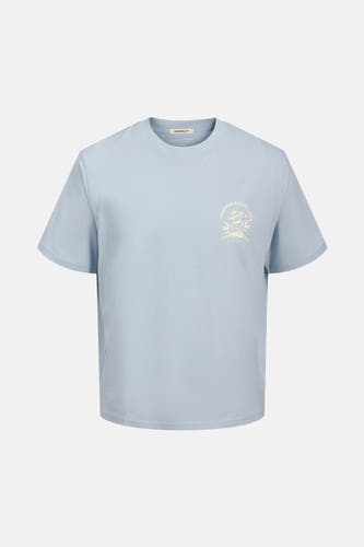 T-shirt bleu à manches courtes d'ORIGINALS par JACK & JONES, avec une petite impression sur la poitrine.