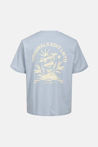 T-shirt bleu à manches courtes d'ORIGINALS BY JACK & JONES, avec une impression graphique frappante sur le dos.