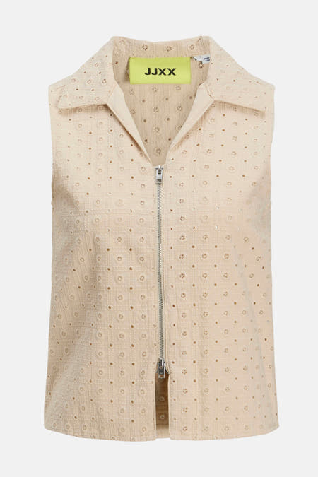 Blouse sans manches beige JJXX avec motif de fleurs, fermeture éclair et col.
