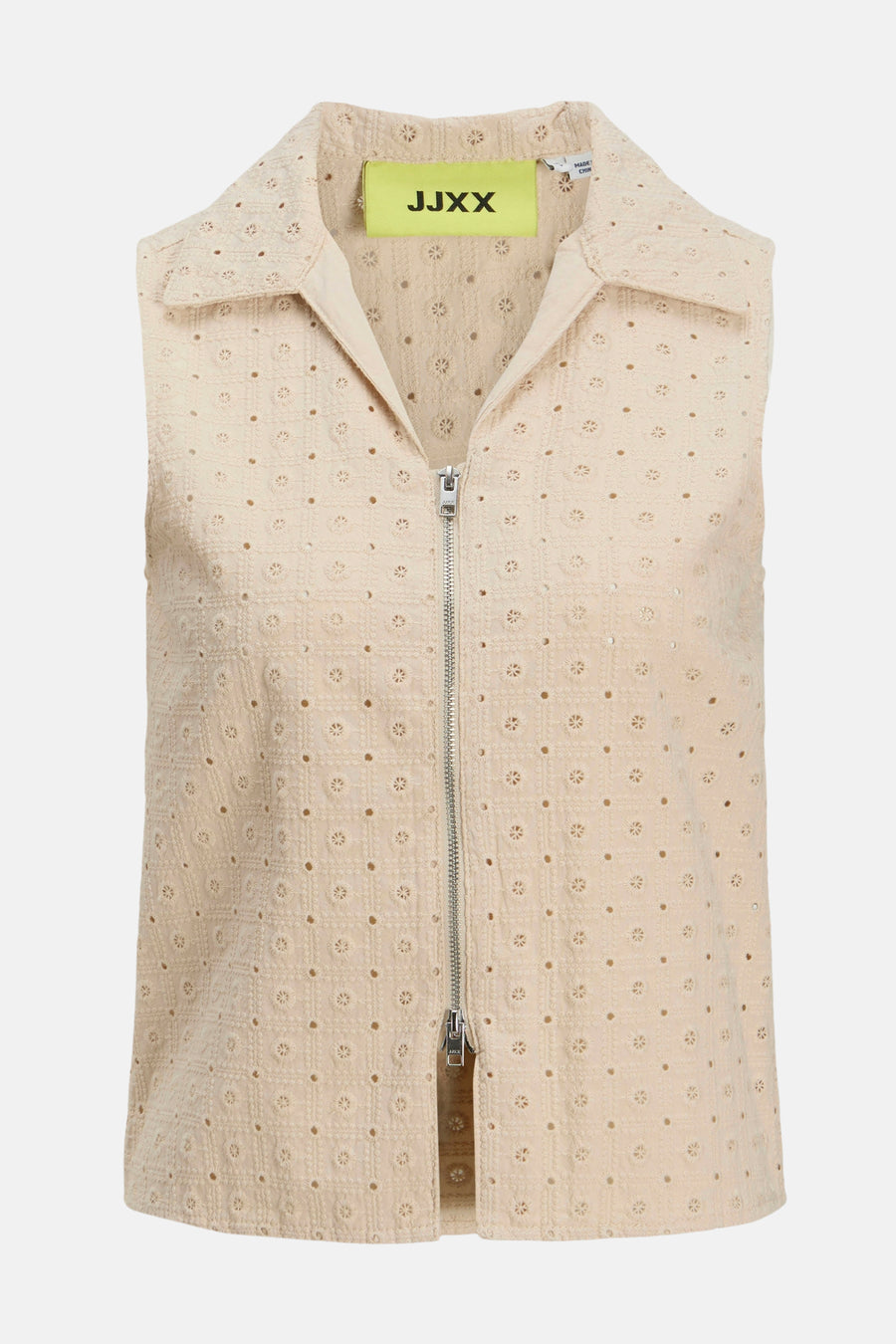 Blouse sans manches beige JJXX avec motif de fleurs, fermeture éclair et col.