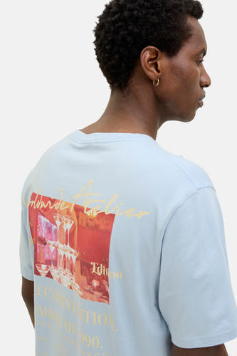 T-shirt bleu à manches courtes d'ORIGINALS BY JACK & JONES, avec une impression sur le dos.