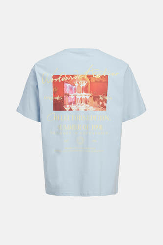 T-shirt bleu à manches courtes d'ORIGINALS par JACK & JONES, avec une impression estivale sur le dos.