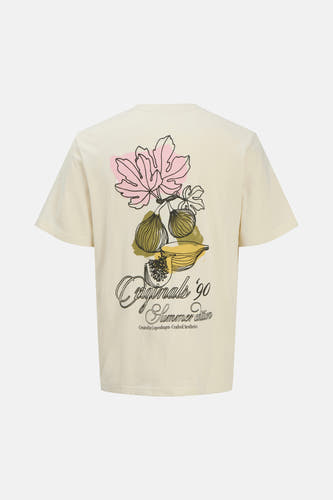 T-shirt beige à manches courtes d'ORIGINALS BY JACK & JONES, avec imprimé de fruits sur le dos.