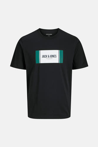 T-shirt noir à manches courtes de CORE par JACK & JONES, avec une impression de logo rectangulaire sur la poitrine.