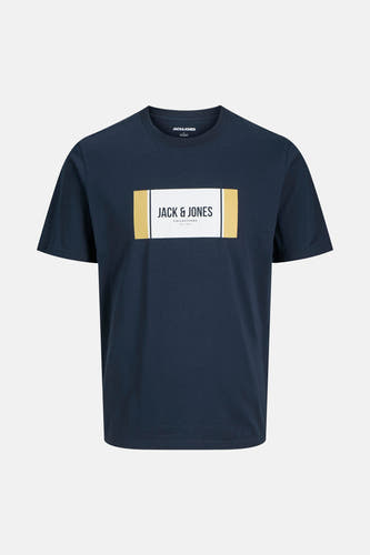 T-shirt bleu à manches courtes de Jack & Jones, avec une impression rectangulaire sur la partie avant.