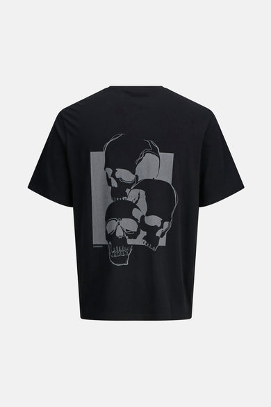 T-shirt noir à manches courtes de CORE BY JACK & JONES, avec une impression graphique de crânes sur le dos.
