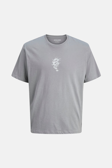 T-shirt gris à manches courtes d'ORIGINALS BY JACK & JONES, avec une impression d'un dragon blanc.