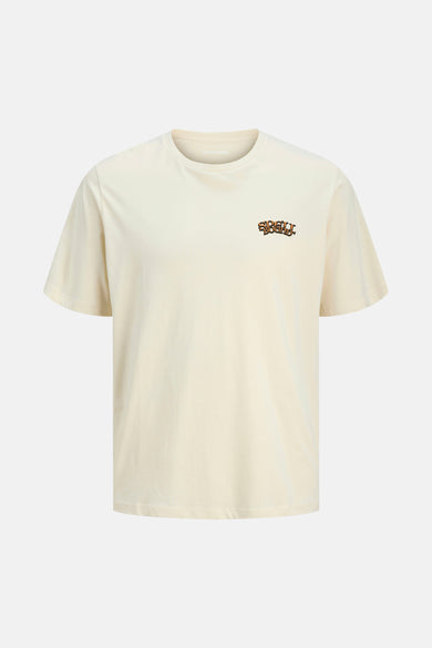 T-shirt beige à manches courtes d'ORIGINALS par JACK & JONES, avec une impression de texte "Spell Bound" sur la poitrine.
