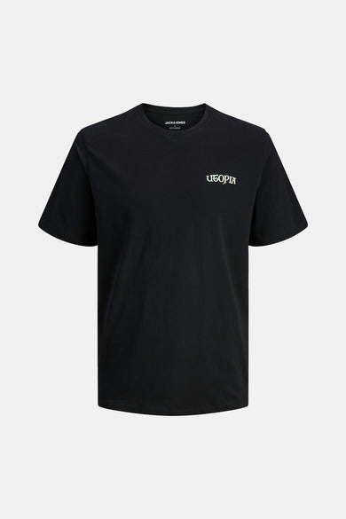 T-shirt noir à manches courtes d'ORIGINALS BY JACK & JONES, avec une impression blanche "UTOPIA".