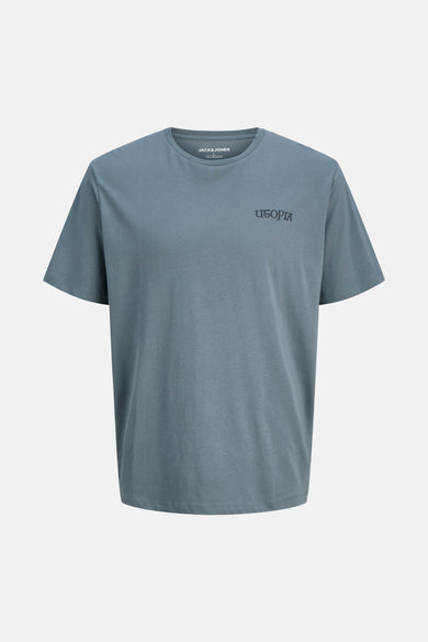 T-shirt bleu à manches courtes de Jack & Jones avec une impression utopique sur le dos.