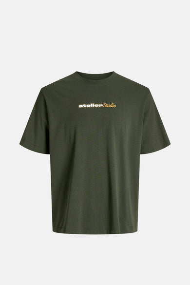 T-shirt vert de mantes courtes d'ORIGINALS BY JACK & JONES, avec une impression de texte audacieuse sur la poitrine.