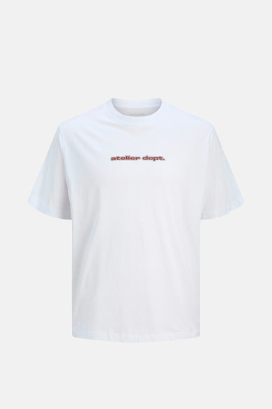 T-shirt blanc à manches courtes d'ORIGINALS par JACK & JONES, avec une petite impression de texte rouge sur la poitrine.