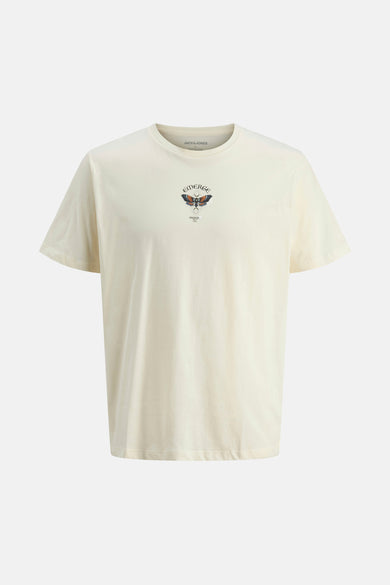 T-shirt beige à manches courtes d'ORIGINALS par JACK & JONES, avec une impression de papillon et du texte.