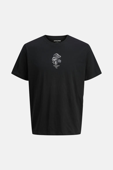 T-shirt noir à manches courtes d'ORIGINALS BY JACK & JONES, avec une impression de champignons sur la poitrine.