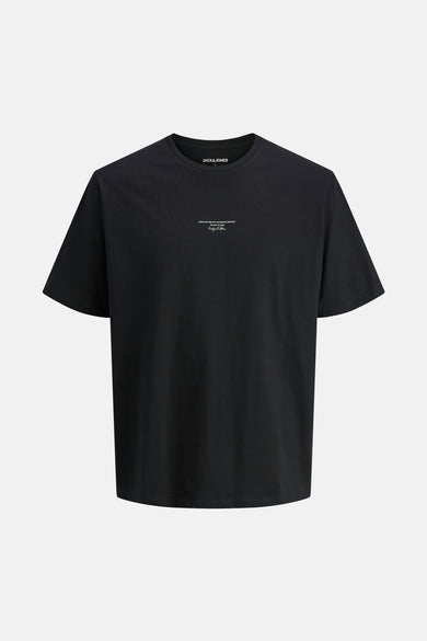 T-shirt noir à manches courtes d'ORIGINALS BY JACK & JONES, avec un petit imprimé de texte blanc sur la poitrine.
