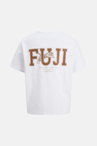 T-shirt blanc à manches courtes d'ORIGINALS BY JACK & JONES, avec des imprimés "FUJI" et tigre bruns.
