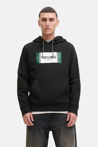 Gilet noir avec capuche de CORE BY JACK & JONES, logo sur la poitrine et cordons gris.