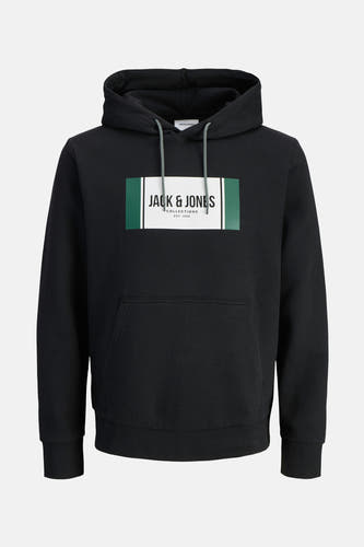Gilet noir avec capuche de CORE par JACK & JONES, avec logo de marque sur la poitrine et côtes.