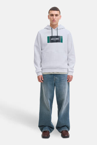 Pull-over gris avec capuche de CORE BY JACK & JONES, avec logo sur la poitrine, porté avec des jeans larges et des chaussures marron.