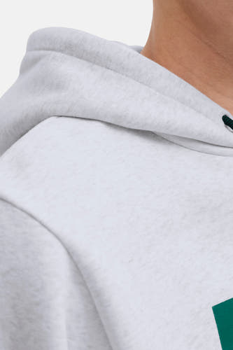 Pull-over gris avec capuche de CORE BY JACK & JONES, gros plan du cou et des épaules.